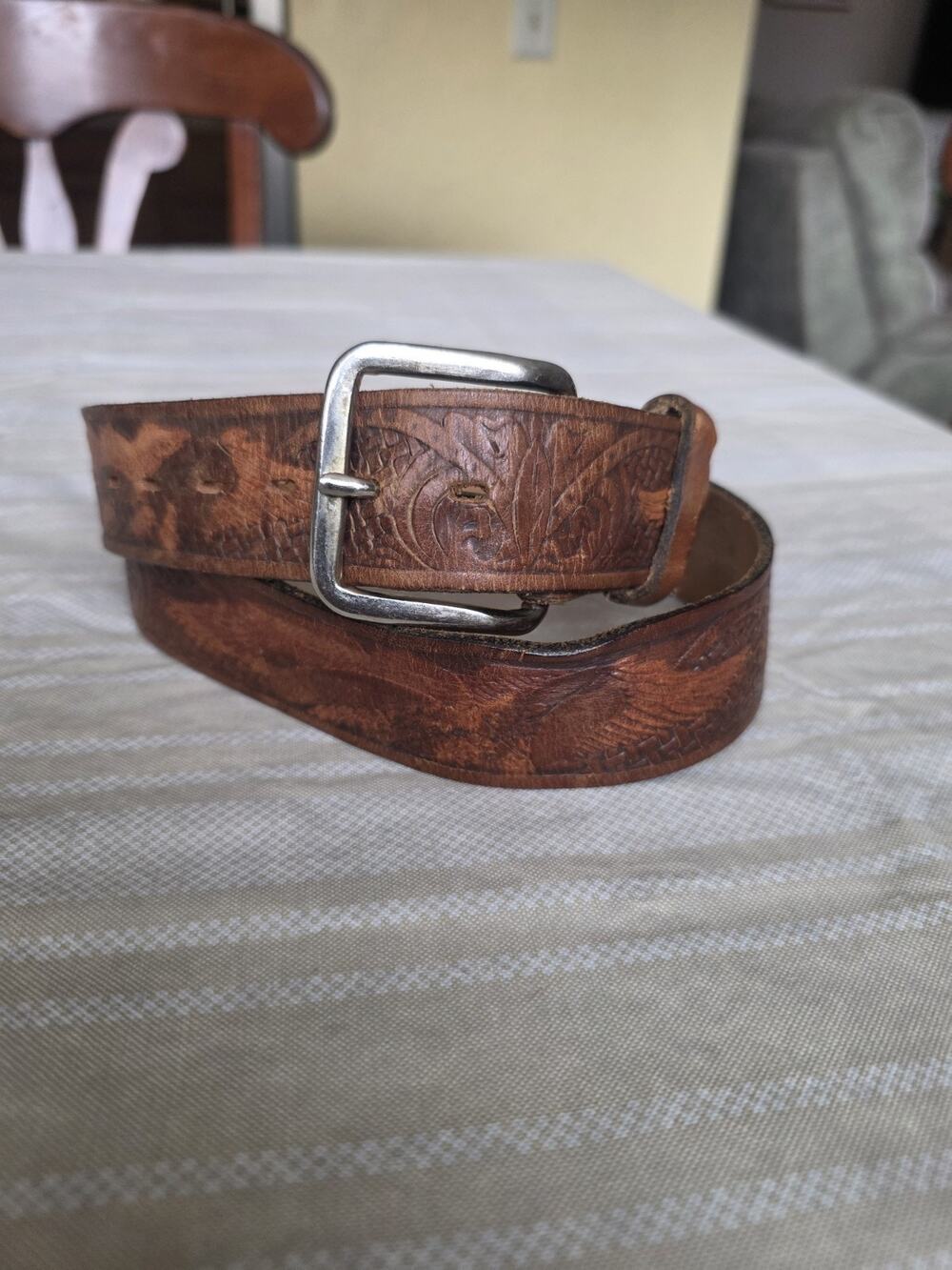 vintage TOOLED buckle belt WESTERN handcrafted Mediun Tan leather RODEO Eagle